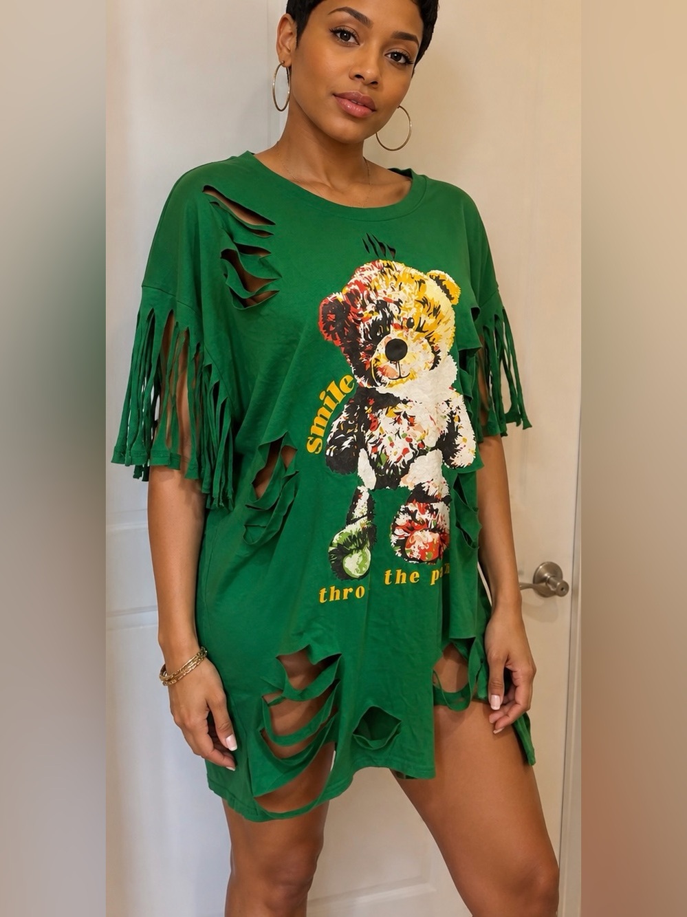 Upcycled distressed Green Fringe Teddy Graphic smile thru da pain tee size XL-2X